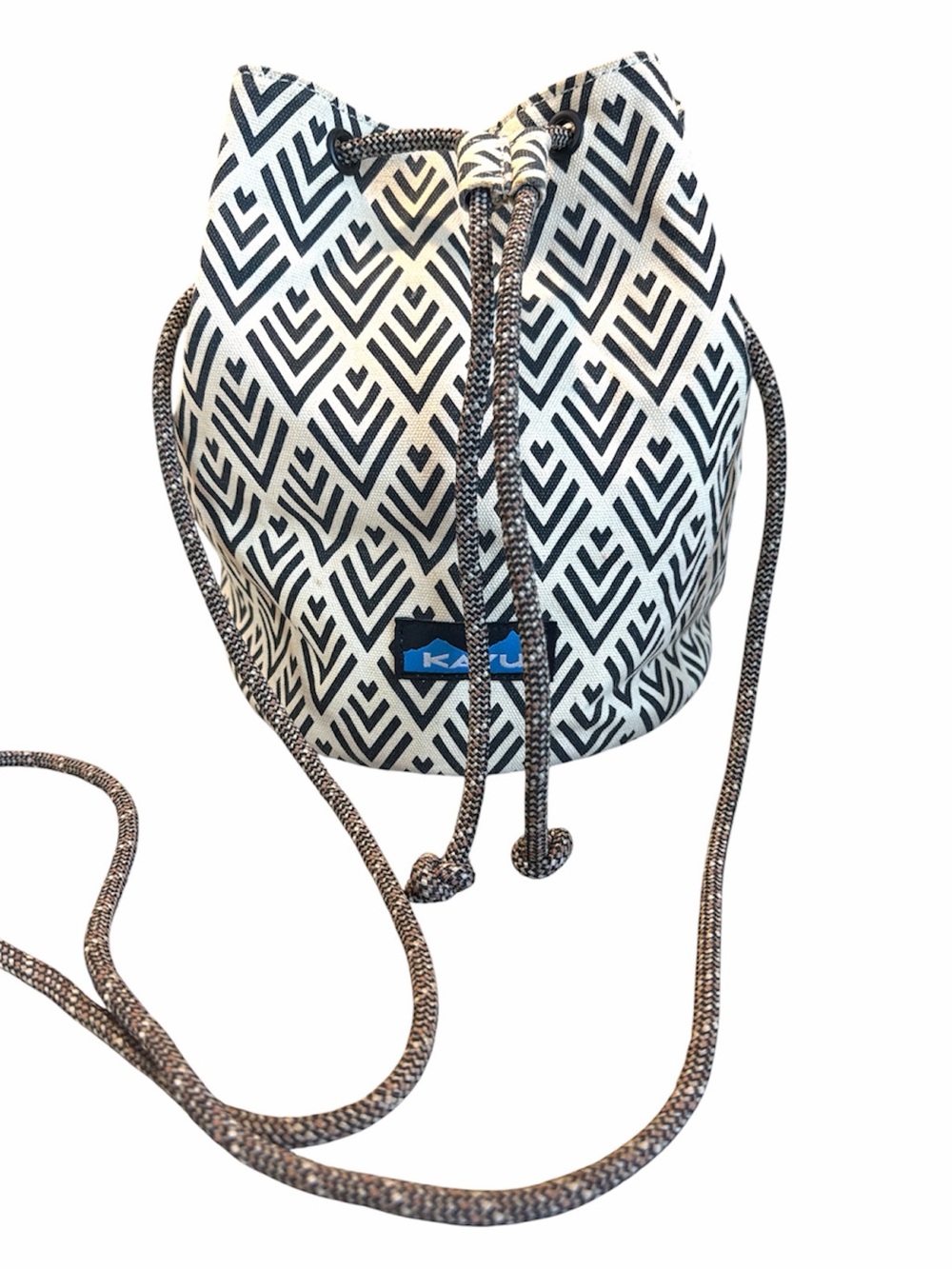 Kavu Black & White Geometric Drawstring Bucket Crossbody Bag